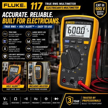 Fluke 117 Multimeter Elektrik Profesional | True RMS dengan Pengesan Voltan Tanpa Sentuhan Electrician’s Multimeter With Non-Contact Voltage